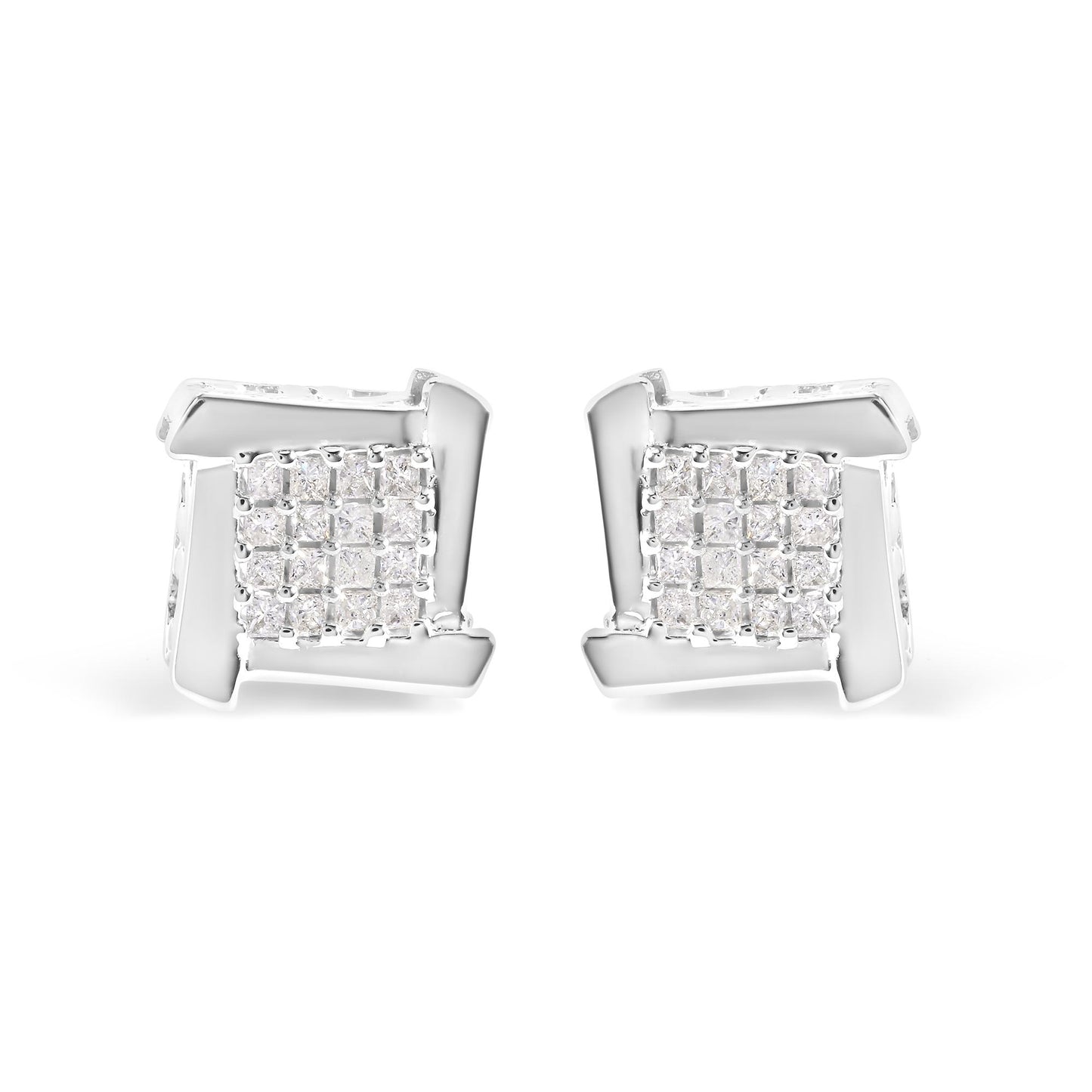 Front view of a pair of white metal earrings featuring clusters of prong-set, white princess-shaped gemstones.
