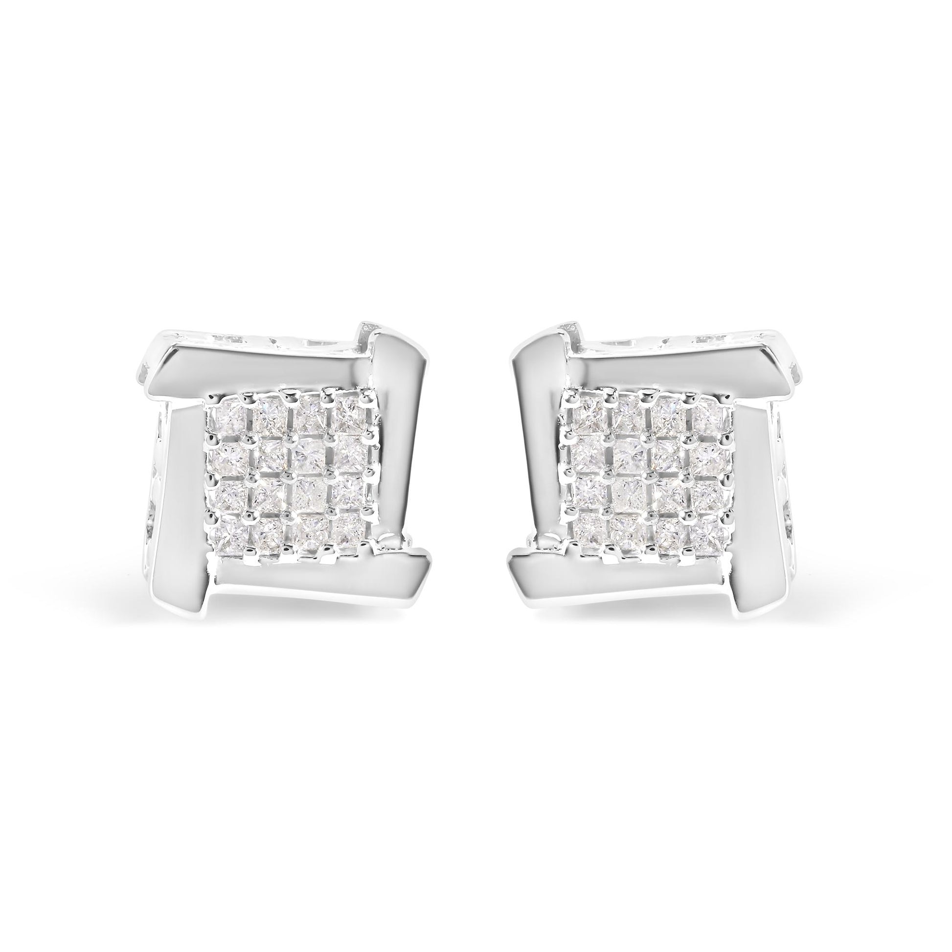 Front view of a pair of white metal earrings featuring clusters of prong-set, white princess-shaped gemstones.