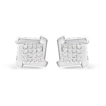 Front view of a pair of white metal earrings featuring clusters of prong-set, white princess-shaped gemstones.