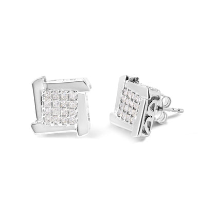 Pair of white metal square earrings with prong-set white princess-shaped gemstones, shown from an angled front and side view.