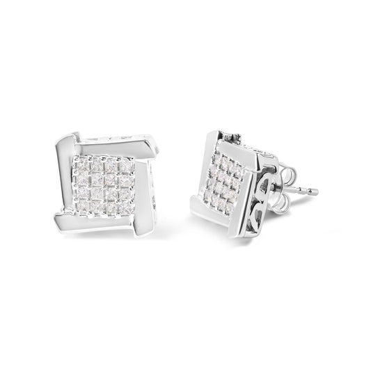 Pair of white metal square earrings with prong-set white princess-shaped gemstones, shown from an angled front and side view.