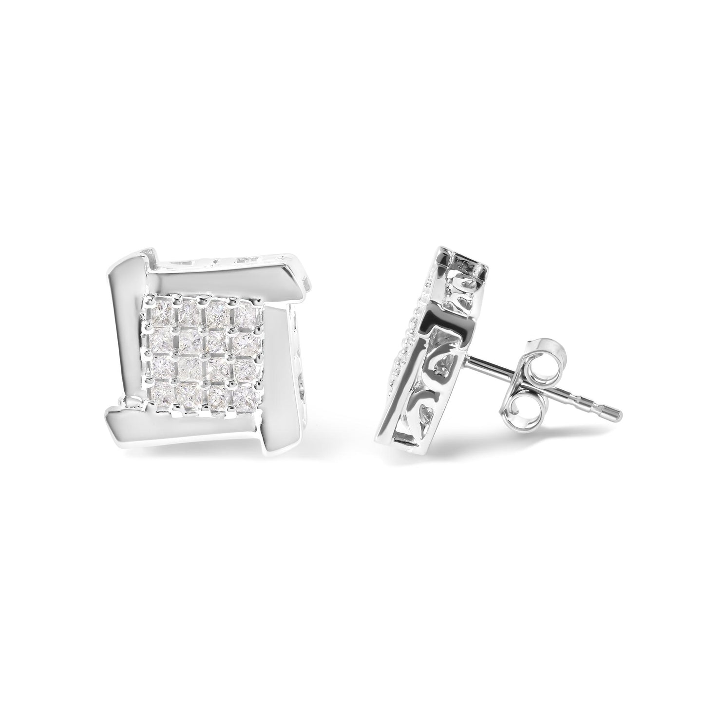 Pair of white metal earrings with square cluster of small princess-cut white gemstones in prong settings, shown from front and side angles.