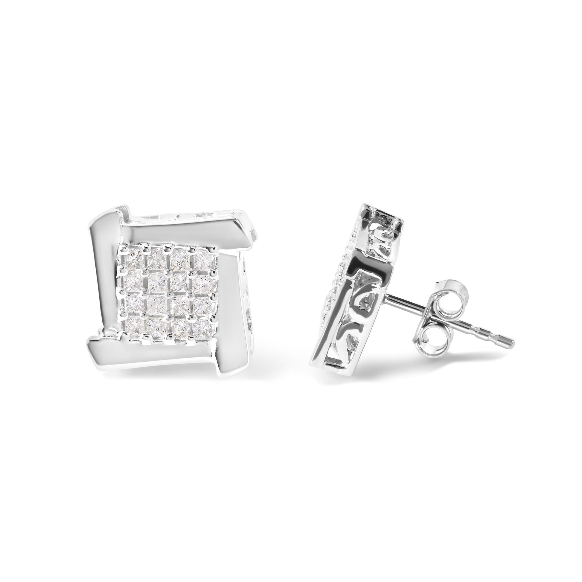Pair of white metal earrings with square cluster of small princess-cut white gemstones in prong settings, shown from front and side angles.