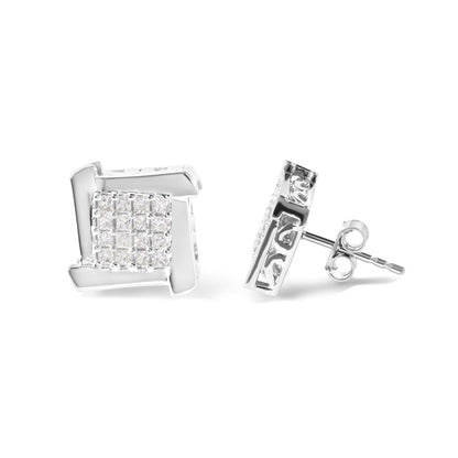 Pair of white metal earrings with square cluster of small princess-cut white gemstones in prong settings, shown from front and side angles.