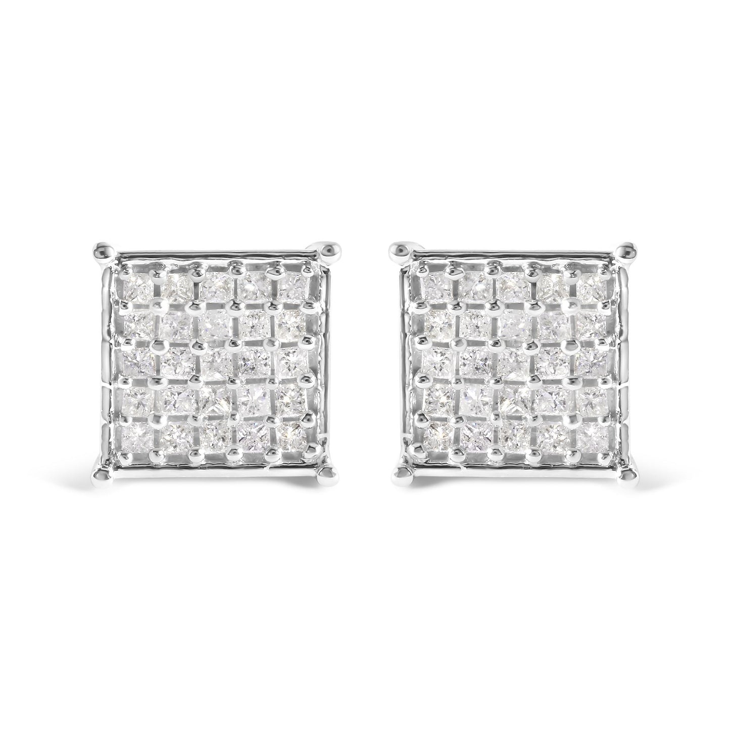 Front view of white metal square stud earrings with multiple small princess-cut white gemstones in prong settings.