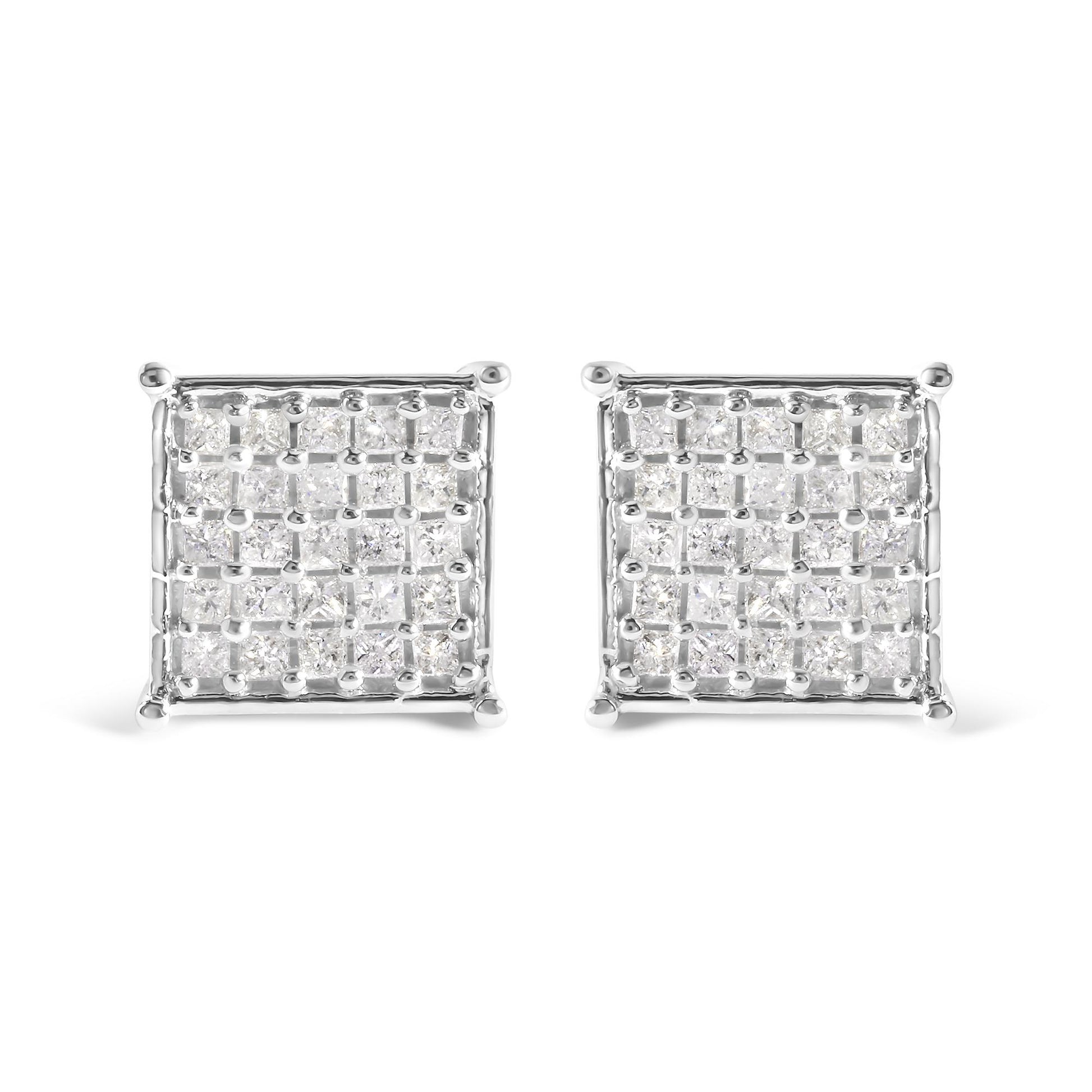Front view of white metal square stud earrings with multiple small princess-cut white gemstones in prong settings.
