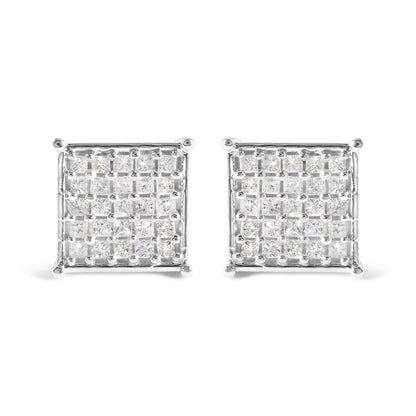Front view of white metal square stud earrings with multiple small princess-cut white gemstones in prong settings.
