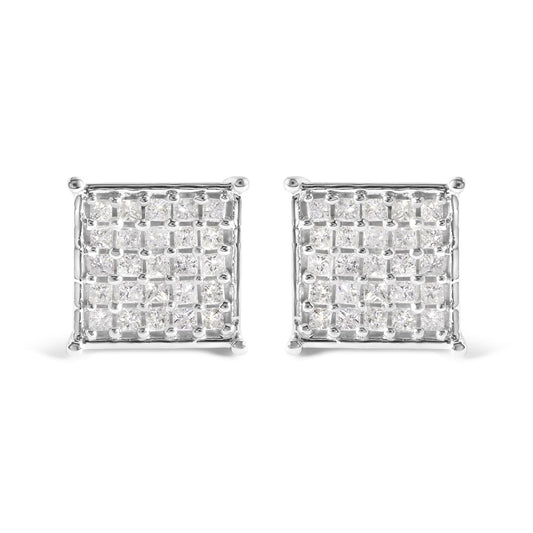 Front view of white metal square stud earrings with multiple small princess-cut white gemstones in prong settings.