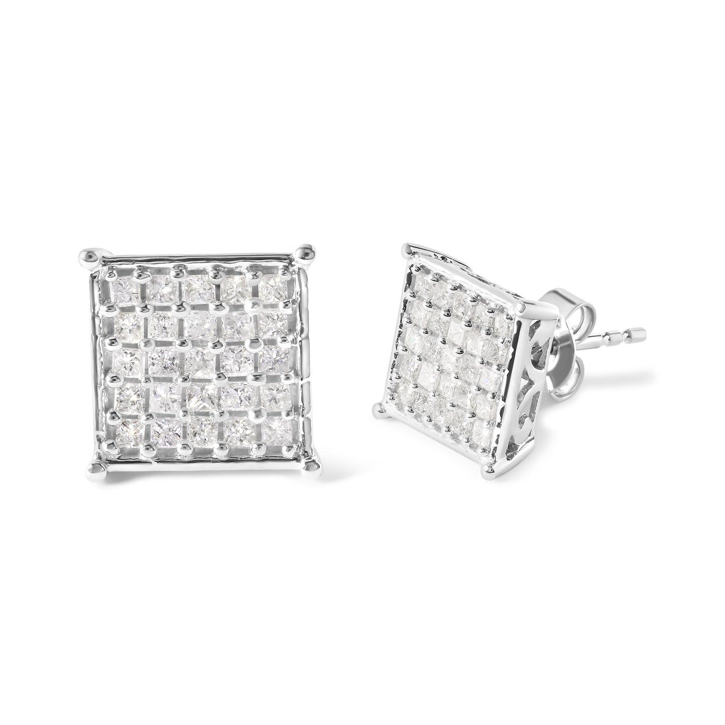 Pair of white metal square-shaped stud earrings with prong-set white princess-shaped gemstones, shown from front and side angles.