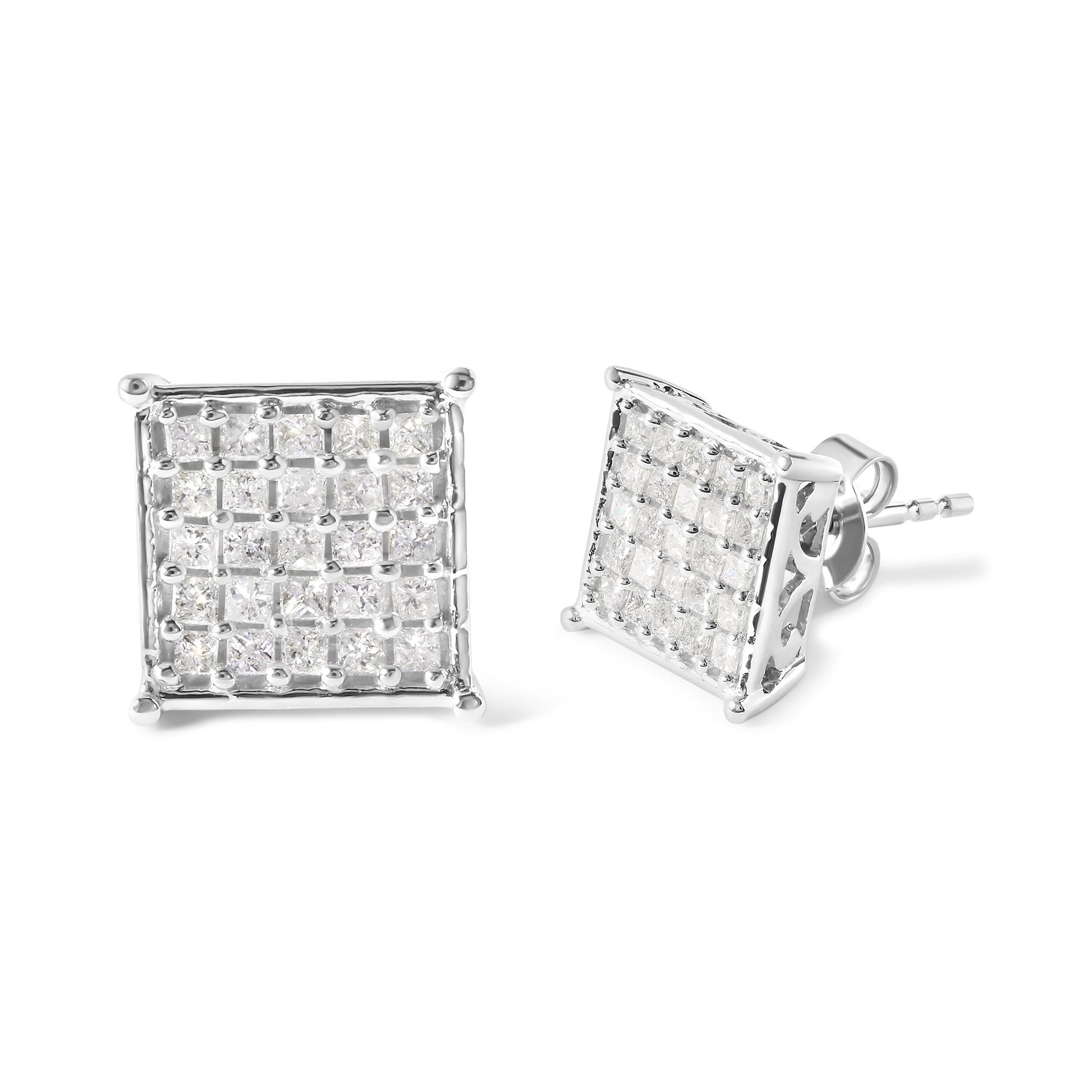 Pair of white metal square-shaped stud earrings with prong-set white princess-shaped gemstones, shown from front and side angles.