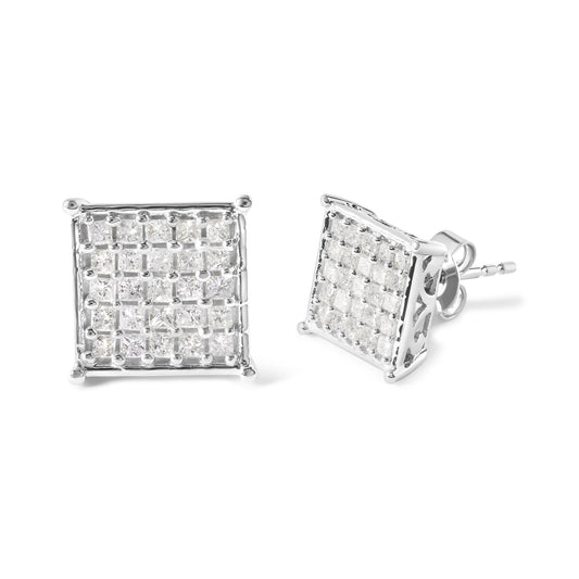Pair of white metal square-shaped stud earrings with prong-set white princess-shaped gemstones, shown from front and side angles.