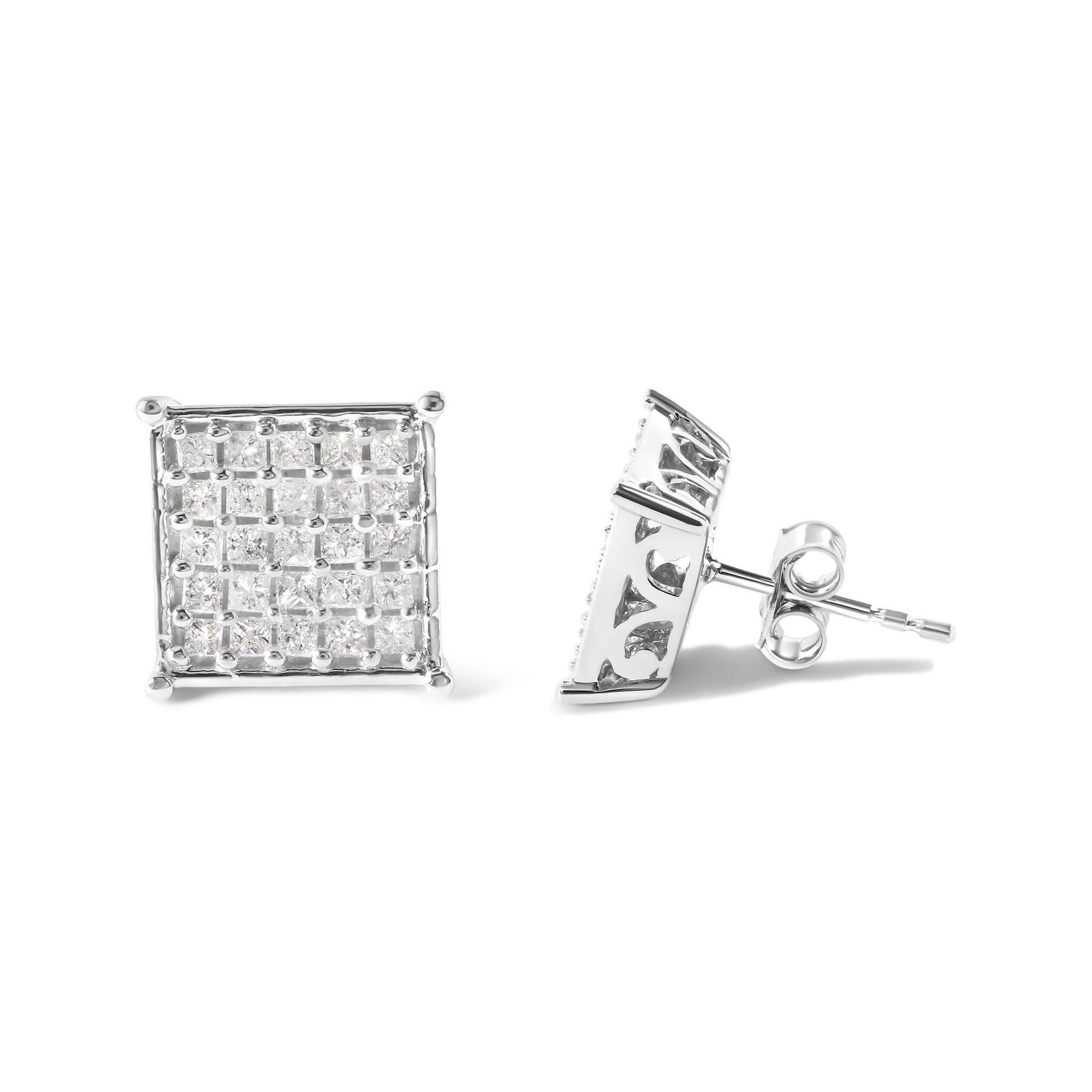 Front and side angles of white metal square stud earrings with multiple white gemstones in prong settings.