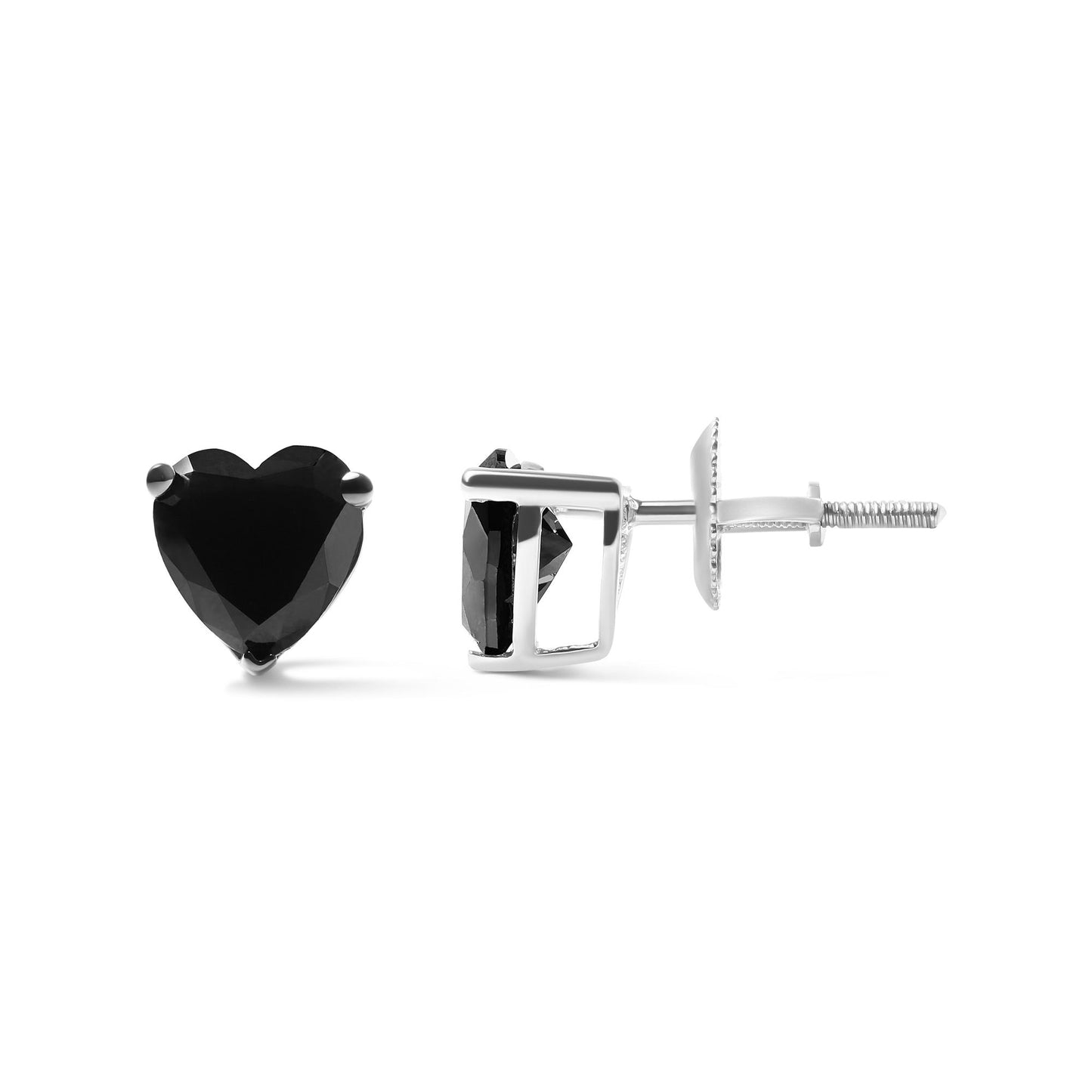 Front and side view of white metal stud earrings with black heart-shaped gemstones in prong settings, shown on a white background.