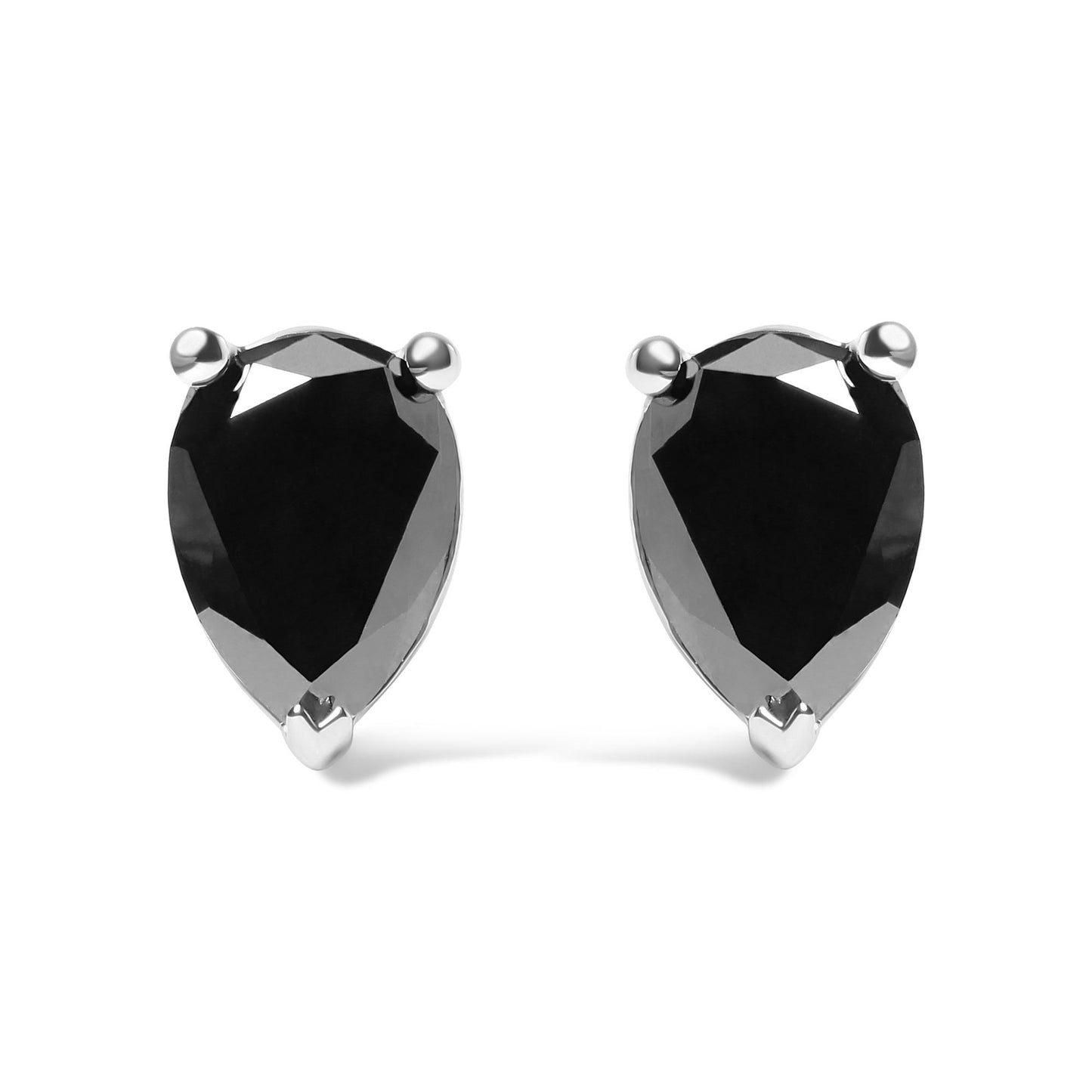 Pair of white metal earrings with pear-shaped black gemstones in prong settings, shown in a front-facing close-up shot on a white background.