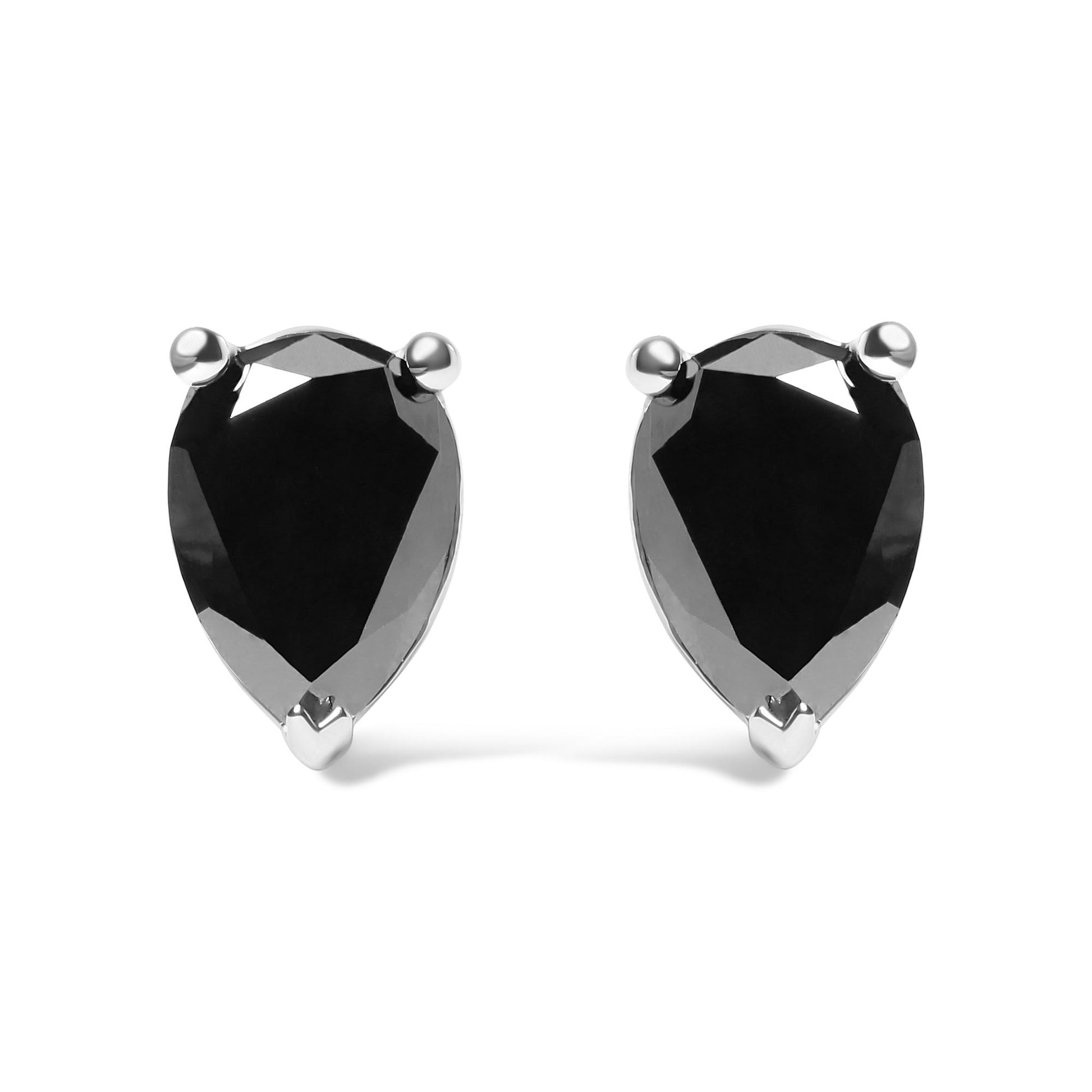 Pair of white metal earrings with pear-shaped black gemstones in prong settings, shown in a front-facing close-up shot on a white background.