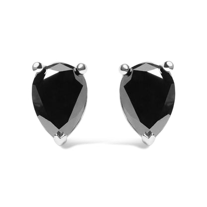 Pair of white metal earrings with pear-shaped black gemstones in prong settings, shown in a front-facing close-up shot on a white background.