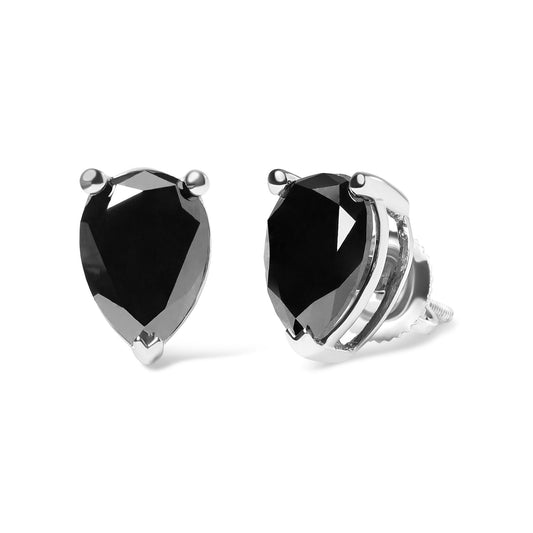 Pair of white metal stud earrings with pear-shaped black gemstones in prong settings, shown in a close-up front and angled side view on a white background.