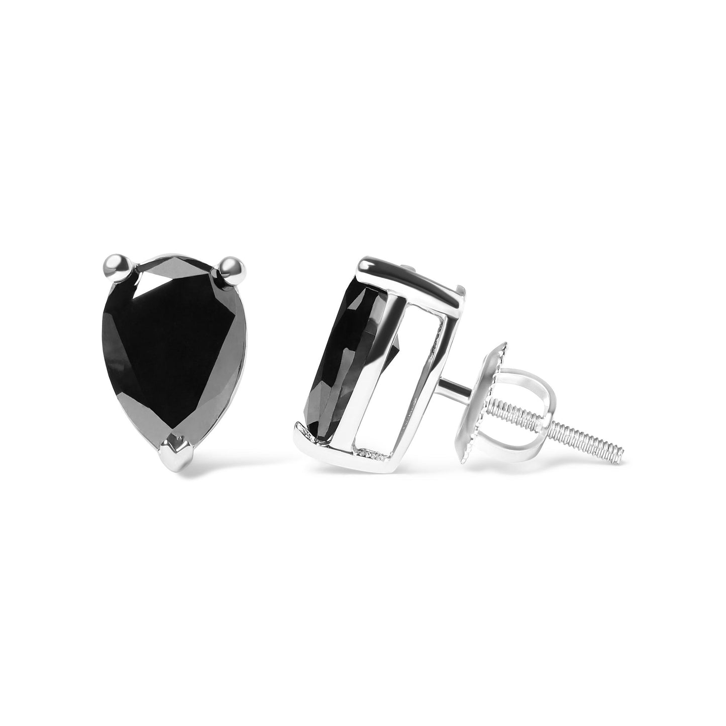 White metal pear-shaped stud earrings with black gemstones in prong settings, shown from a front and side angle on a white background.