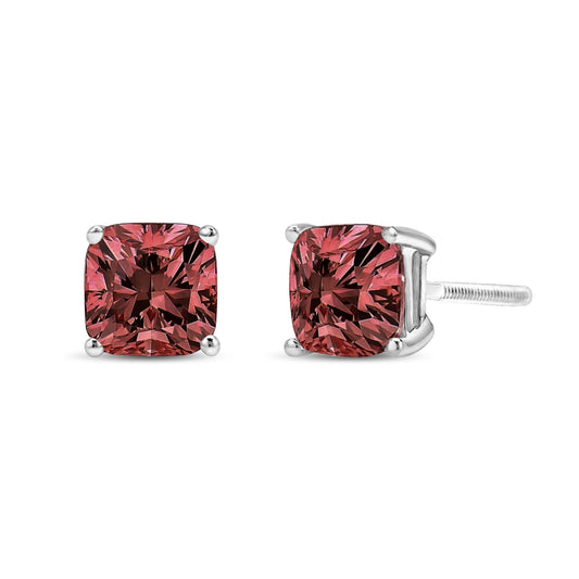 Pair of white metal earrings with cushion-shaped pink gemstones in 4-prong settings, shown from the front and side on a white background.