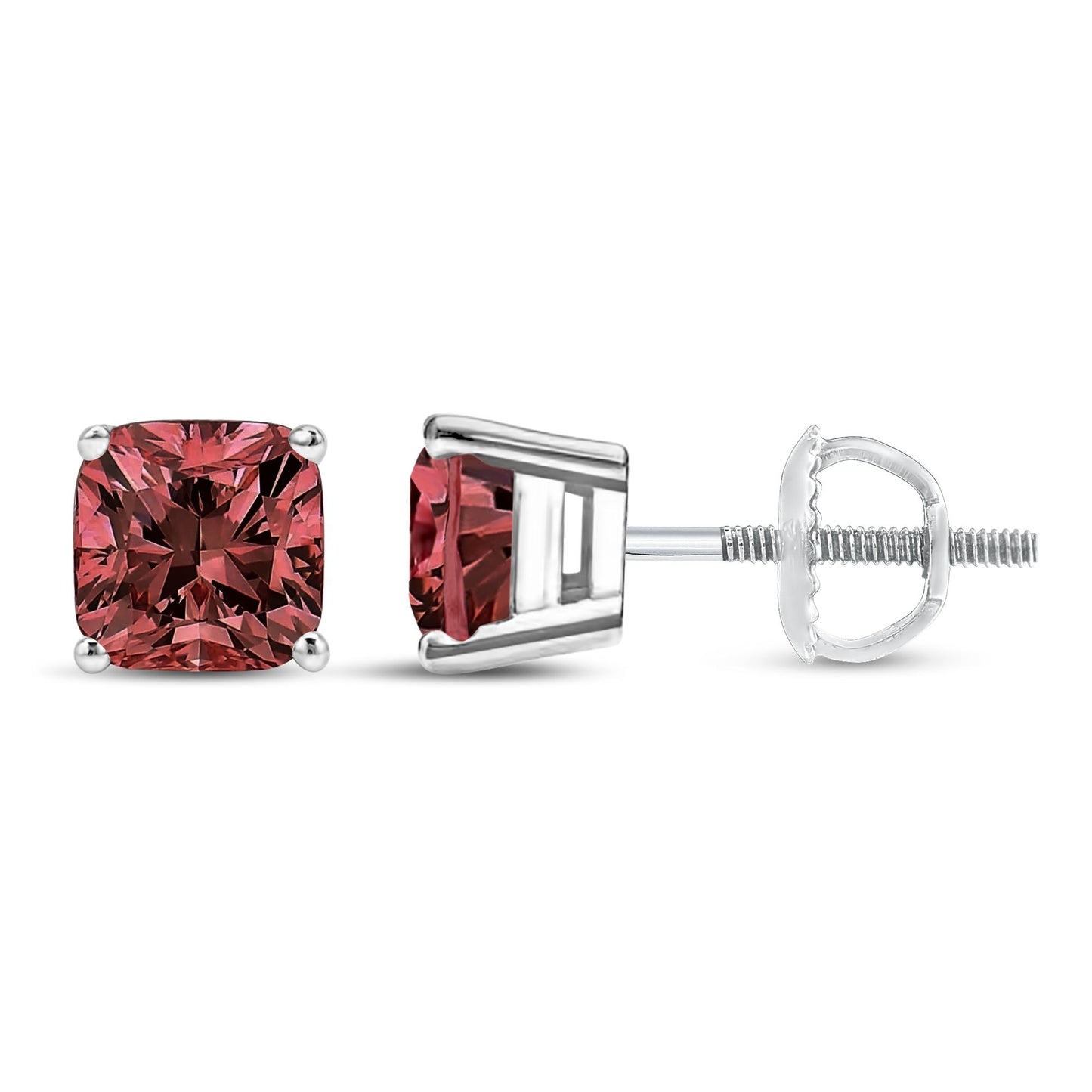 Close-up front and side view of white metal stud earrings with cushion-shaped pink gemstones in four-prong settings.