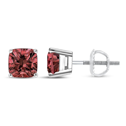 Close-up front and side view of white metal stud earrings with cushion-shaped pink gemstones in four-prong settings.