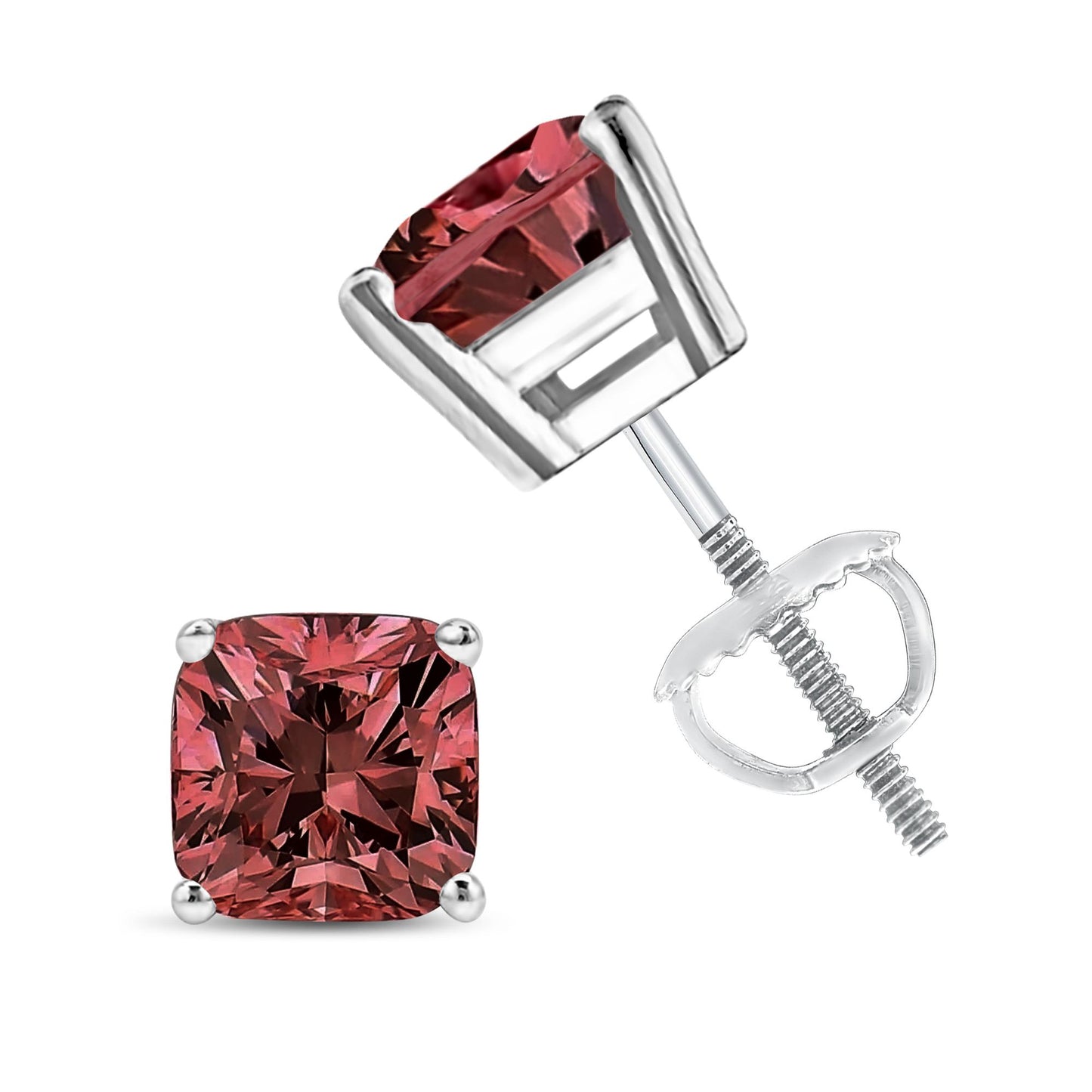 Close-up front and side view of white metal stud earrings featuring cushion-shaped pink gemstones in four-prong settings with screw-back posts.