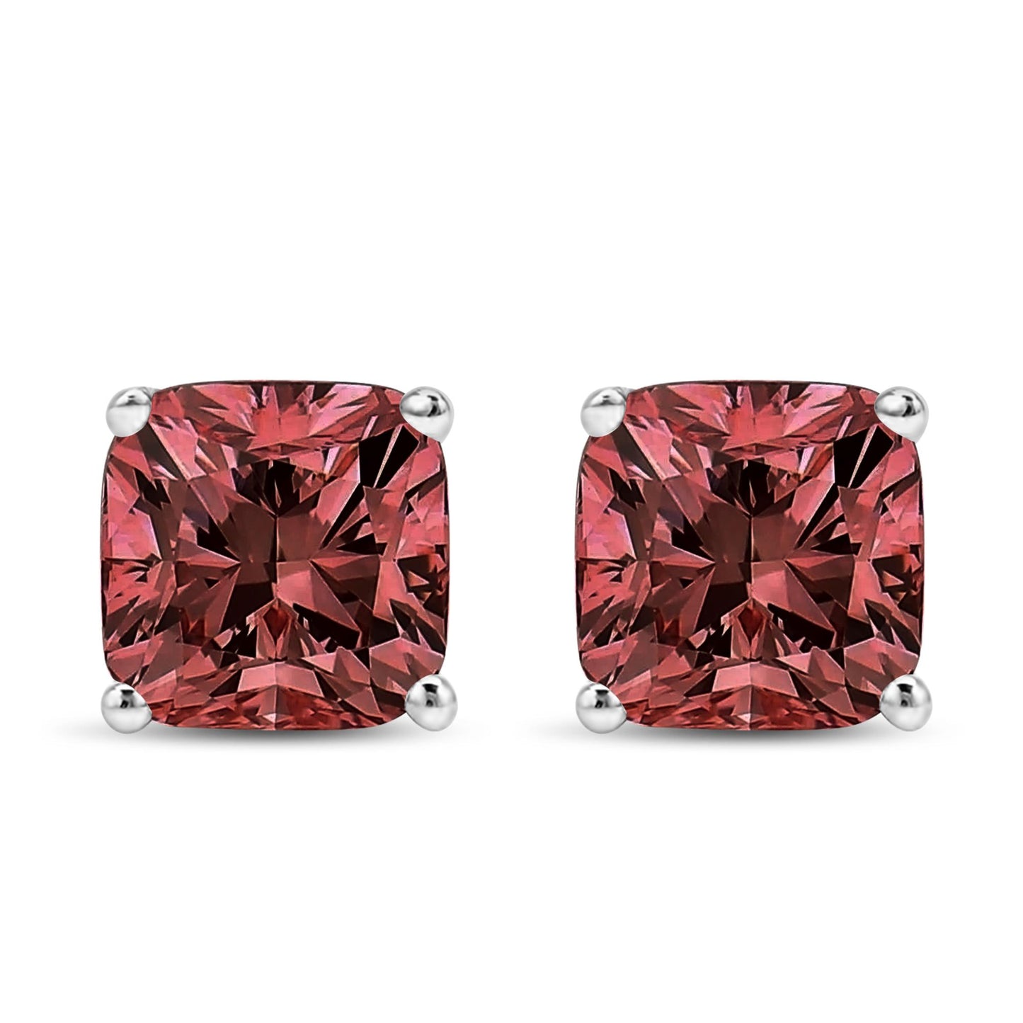 Front view of white metal stud earrings with cushion-shaped pink gemstones in four-prong settings.