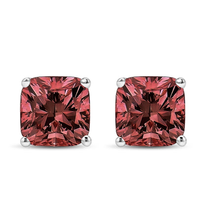 Front view of white metal stud earrings with cushion-shaped pink gemstones in four-prong settings.