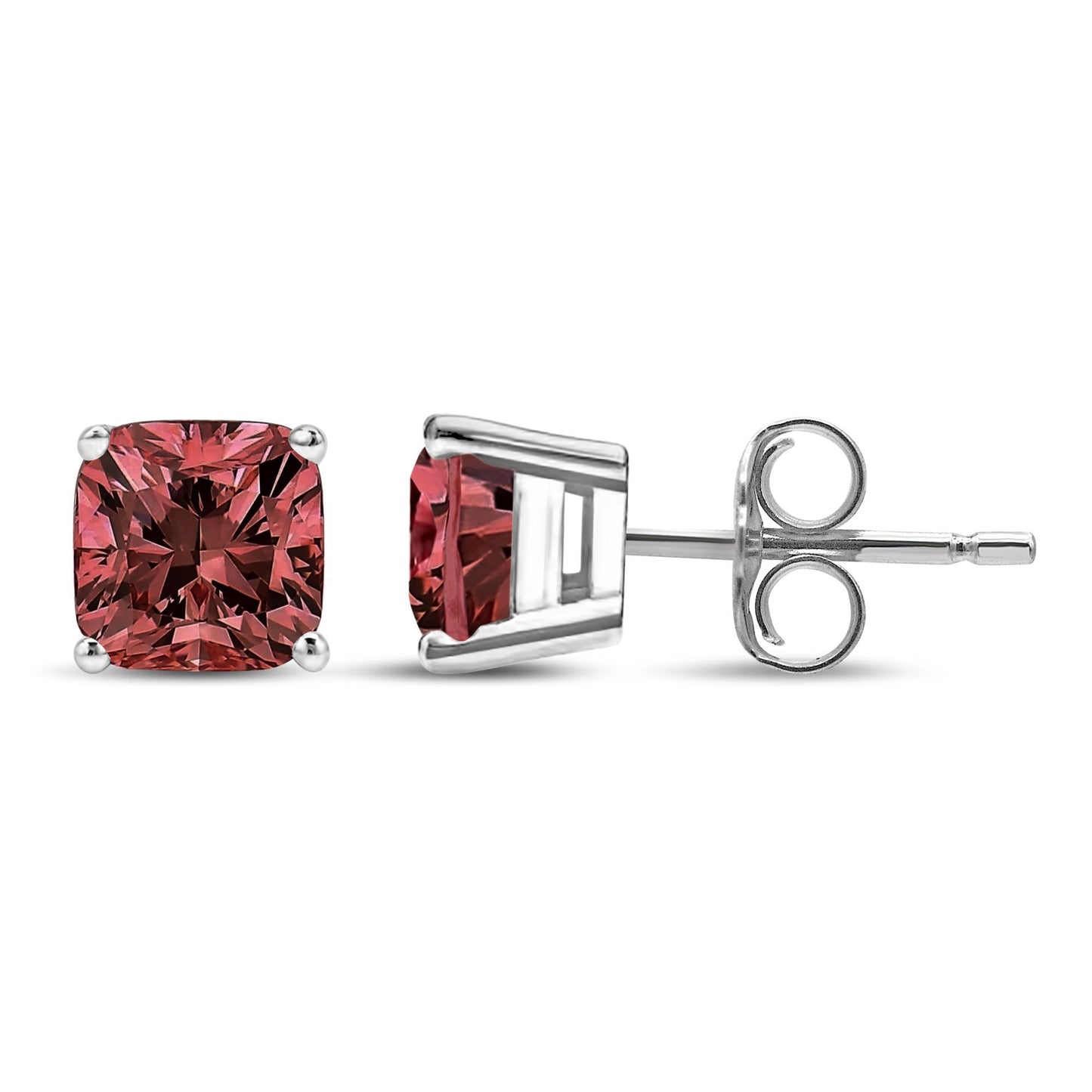 Close-up front and side views of white metal stud earrings with cushion-shaped pink gemstones in a four-prong setting.