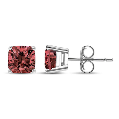 Close-up front and side views of white metal stud earrings with cushion-shaped pink gemstones in a four-prong setting.