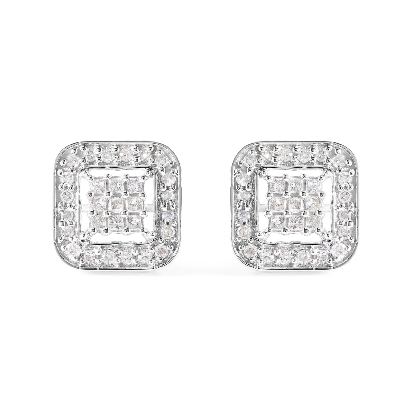 Front view of a pair of square white metal earrings featuring a center cluster of princess-shaped white gemstones with invisible settings, surrounded by a border of round white gemstones in prong settings.
