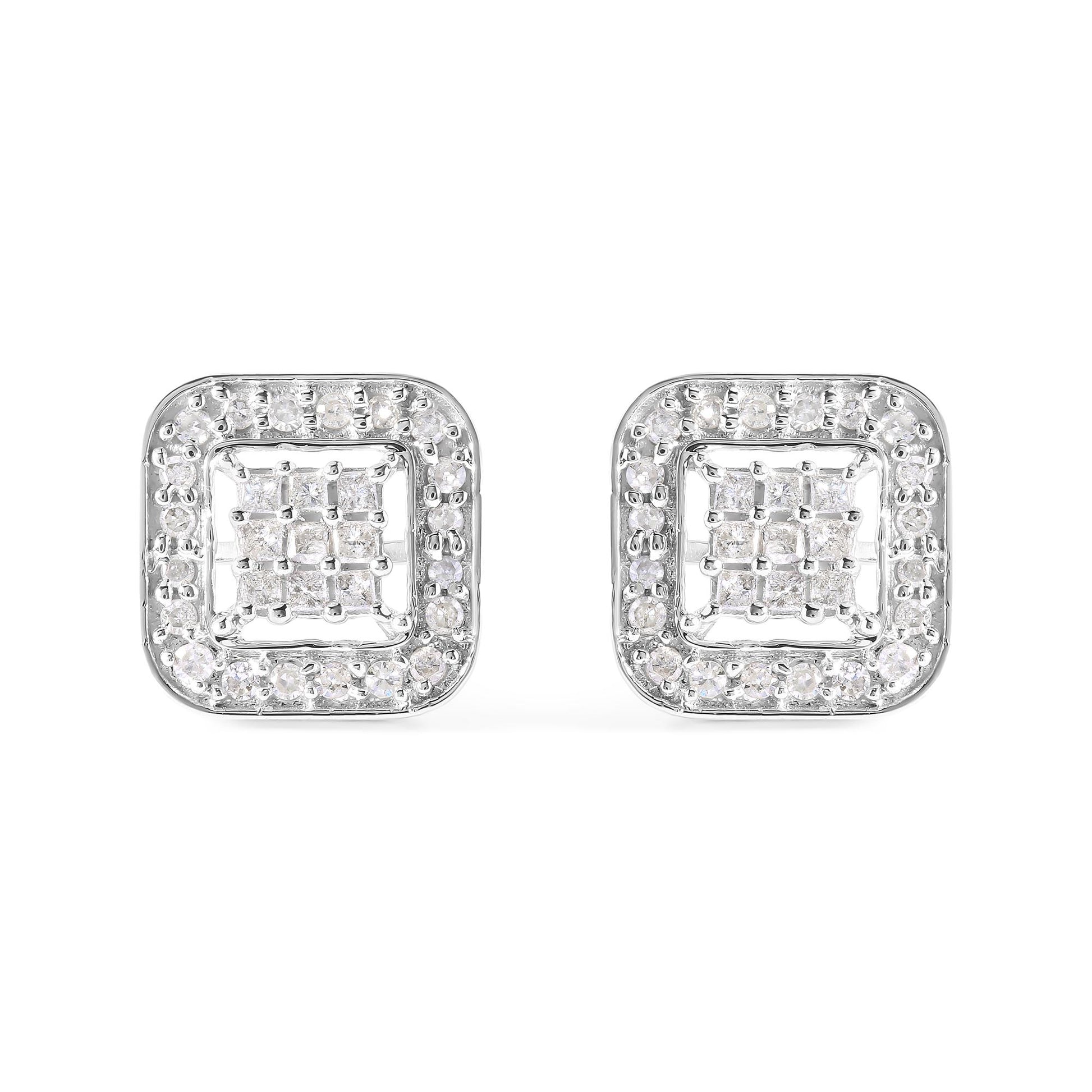 Front view of a pair of square white metal earrings featuring a center cluster of princess-shaped white gemstones with invisible settings, surrounded by a border of round white gemstones in prong settings.