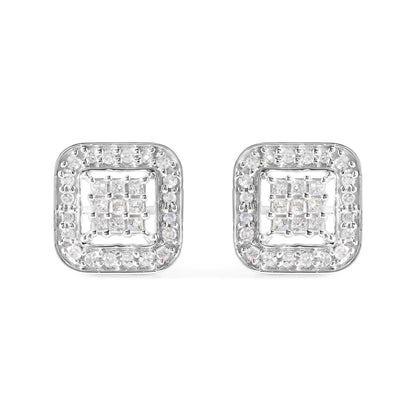 Front view of a pair of square white metal earrings featuring a center cluster of princess-shaped white gemstones with invisible settings, surrounded by a border of round white gemstones in prong settings.