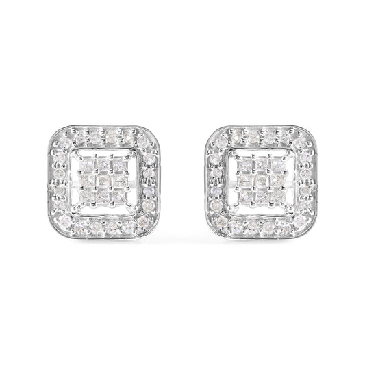 Front view of a pair of square white metal earrings featuring a center cluster of princess-shaped white gemstones with invisible settings, surrounded by a border of round white gemstones in prong settings.