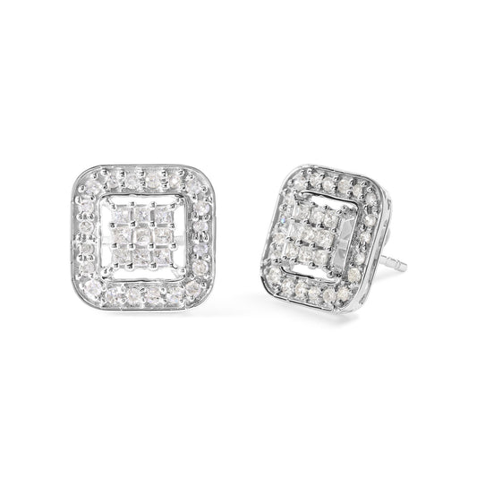 Close-up front and angled view of a pair of square white metal stud earrings featuring a central cluster of princess-shaped white gemstones in an invisible setting, surrounded by a border of round white gemstones in prong settings.