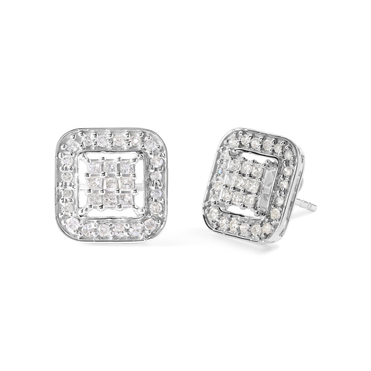 Close-up front and angled view of a pair of square white metal stud earrings featuring a central cluster of princess-shaped white gemstones in an invisible setting, surrounded by a border of round white gemstones in prong settings.