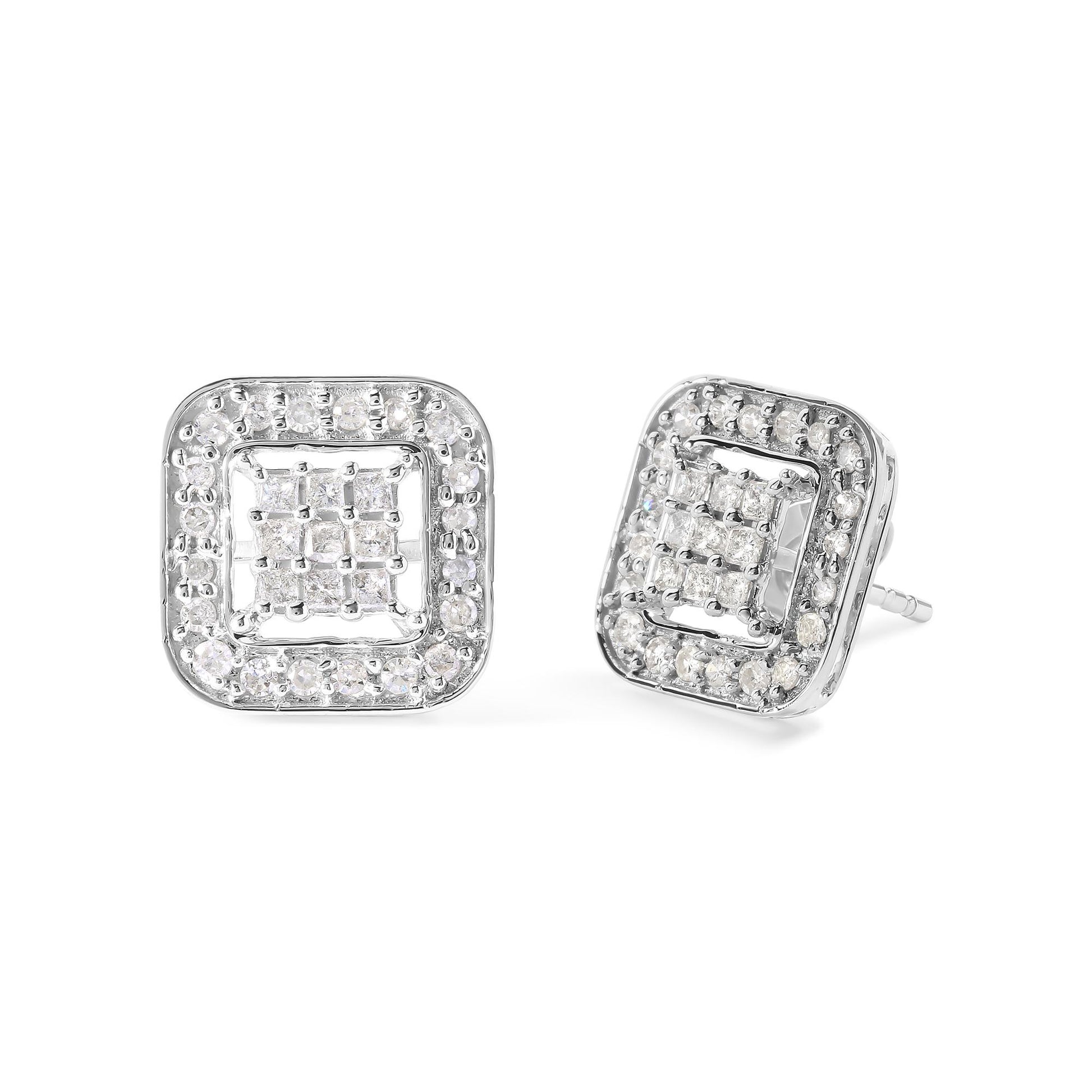 Close-up front and angled view of a pair of square white metal stud earrings featuring a central cluster of princess-shaped white gemstones in an invisible setting, surrounded by a border of round white gemstones in prong settings.