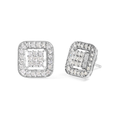 Close-up front and angled view of a pair of square white metal stud earrings featuring a central cluster of princess-shaped white gemstones in an invisible setting, surrounded by a border of round white gemstones in prong settings.