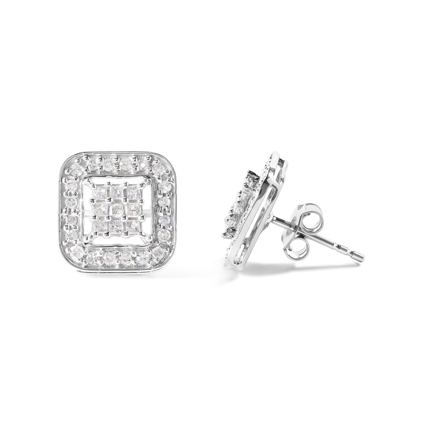 Pair of white metal square-shaped stud earrings with white round gemstones set around the edges and princess-shaped white gemstones in the center, shown from front and side angles on a white background.