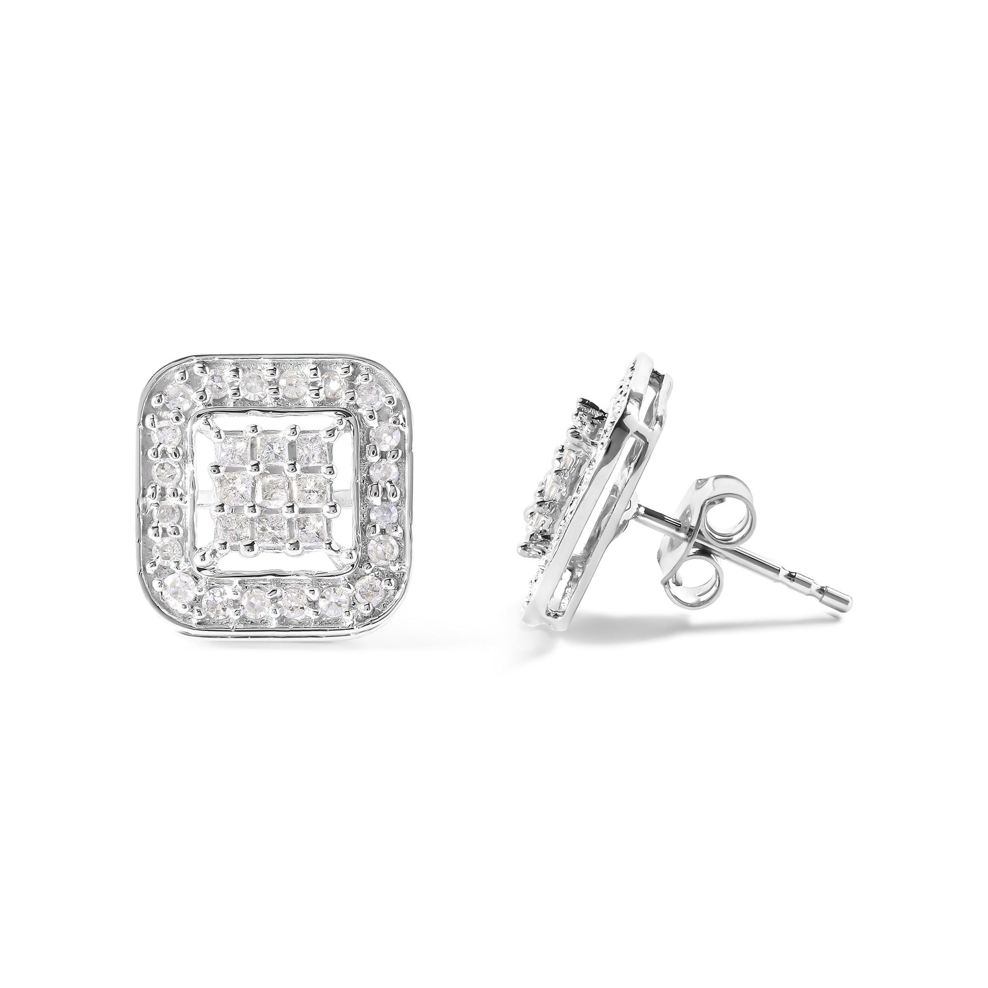 Pair of white metal square-shaped stud earrings with white round gemstones set around the edges and princess-shaped white gemstones in the center, shown from front and side angles on a white background.