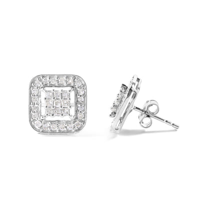 Pair of white metal square-shaped stud earrings with white round gemstones set around the edges and princess-shaped white gemstones in the center, shown from front and side angles on a white background.