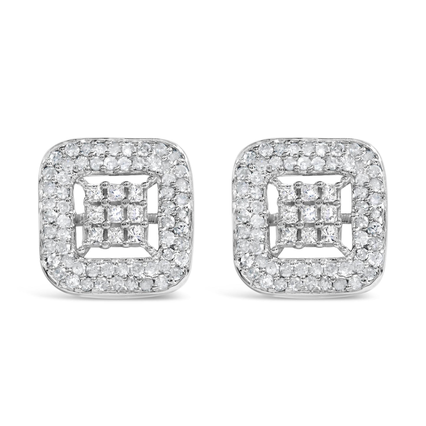Front view of a pair of square white metal earrings featuring small round prong-set white gemstones surrounding a center of princess shaped invisible-set white gemstones.