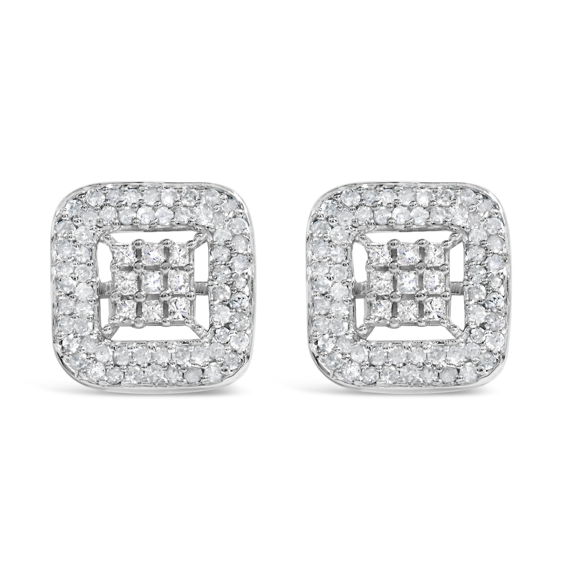 Front view of a pair of square white metal earrings featuring small round prong-set white gemstones surrounding a center of princess shaped invisible-set white gemstones.