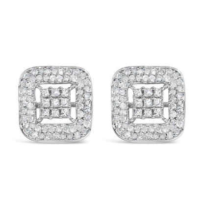 Front view of a pair of square white metal earrings featuring small round prong-set white gemstones surrounding a center of princess shaped invisible-set white gemstones.