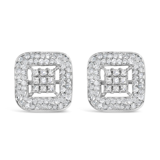 Front view of a pair of square white metal earrings featuring small round prong-set white gemstones surrounding a center of princess shaped invisible-set white gemstones.