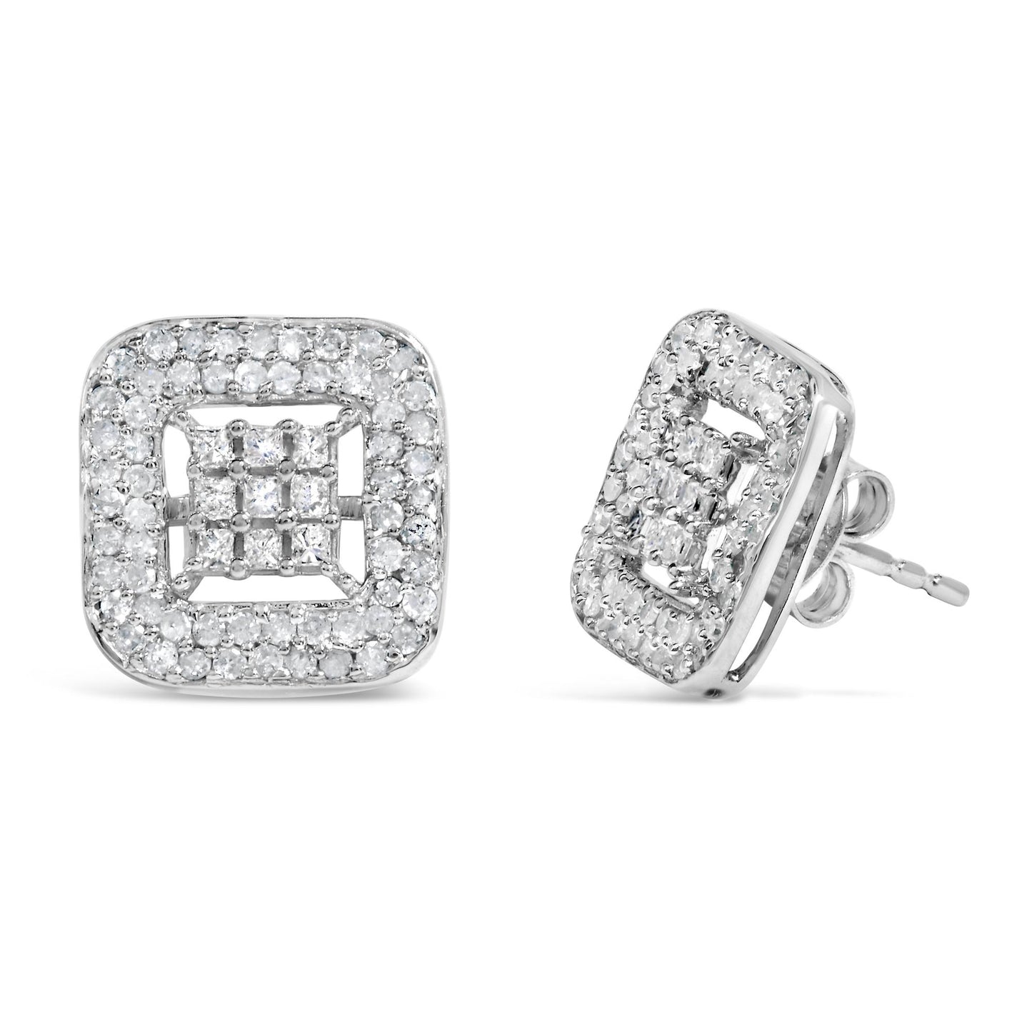 Pair of white metal square stud earrings with princess and round white gemstones, shown from front and angled side view.