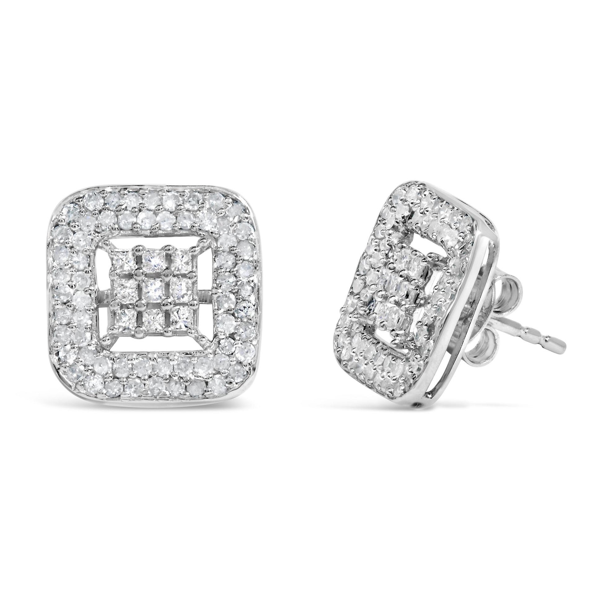 Pair of white metal square stud earrings with princess and round white gemstones, shown from front and angled side view.