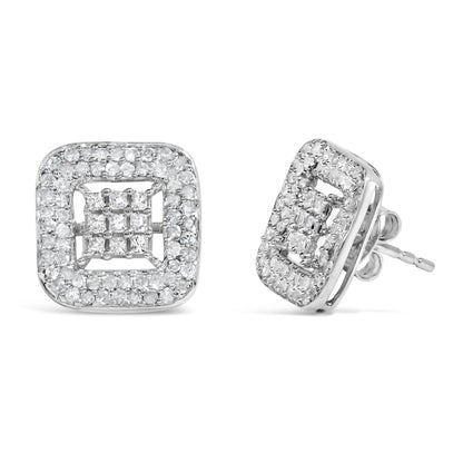 Pair of white metal square stud earrings with princess and round white gemstones, shown from front and angled side view.