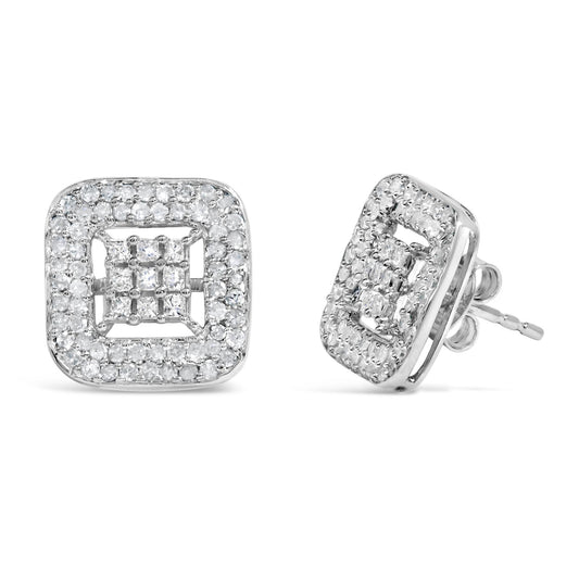 Pair of white metal square stud earrings with princess and round white gemstones, shown from front and angled side view.