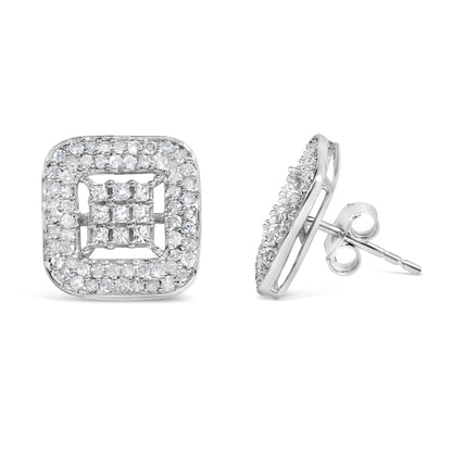 Front and side view of white metal square-shaped earrings with a cluster of princess shape white gemstones in the center surrounded by round white gemstones, shown on a white background.